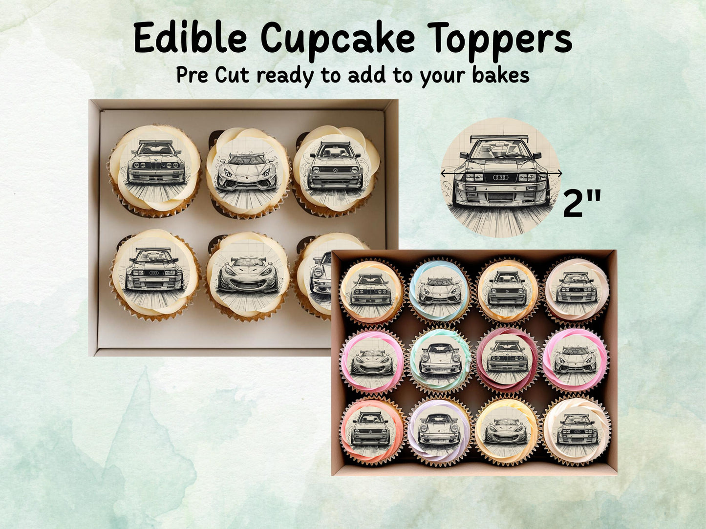Sports Car Edible Cupcake Toppers 12 x 2" – Pre cut Wafer Paper, Card or Icing Sheet, Cupcakes, Cookies, Cake, Birthday, Cars