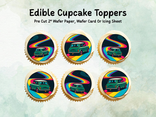Mini Cooper Edible Cupcake Toppers 12 x 2"– Pre cut Wafer Paper, Card or Icing Sheet, Retro Vintage Mini Cake Decoration