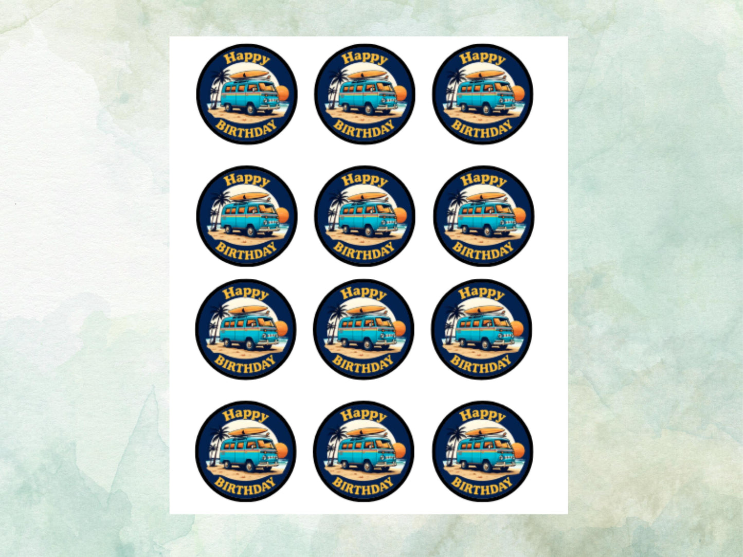 Campervan Edible Cupcake Toppers 12 x 2"– Pre cut Wafer Paper, Card or Icing Sheet, VW Campervan Cake Decoration