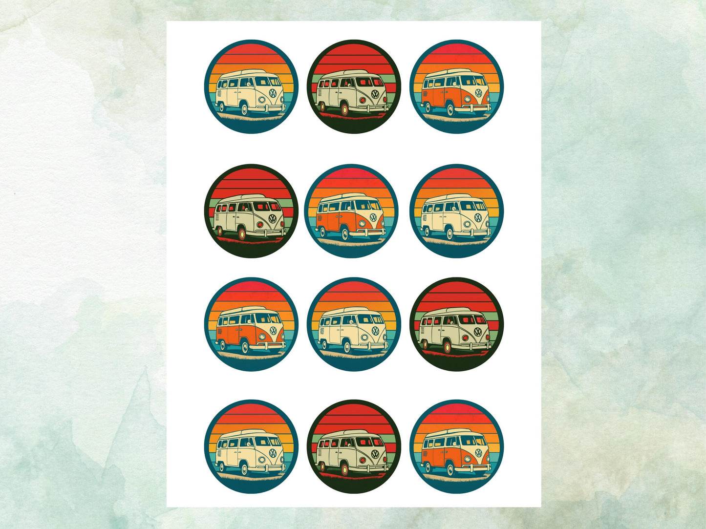 Campervan Edible Cupcake Toppers 12 x 2"– Pre cut Wafer Paper, Card or Icing Sheet, Campervan Cake Decoration