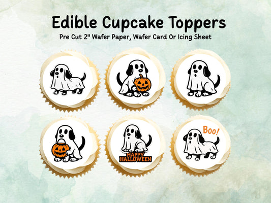 Ghost Dog Halloween Edible Cupcake Toppers 12 x 2" – Pre cut Wafer Paper, Card or Icing Sheet, Halloween Party Decoration