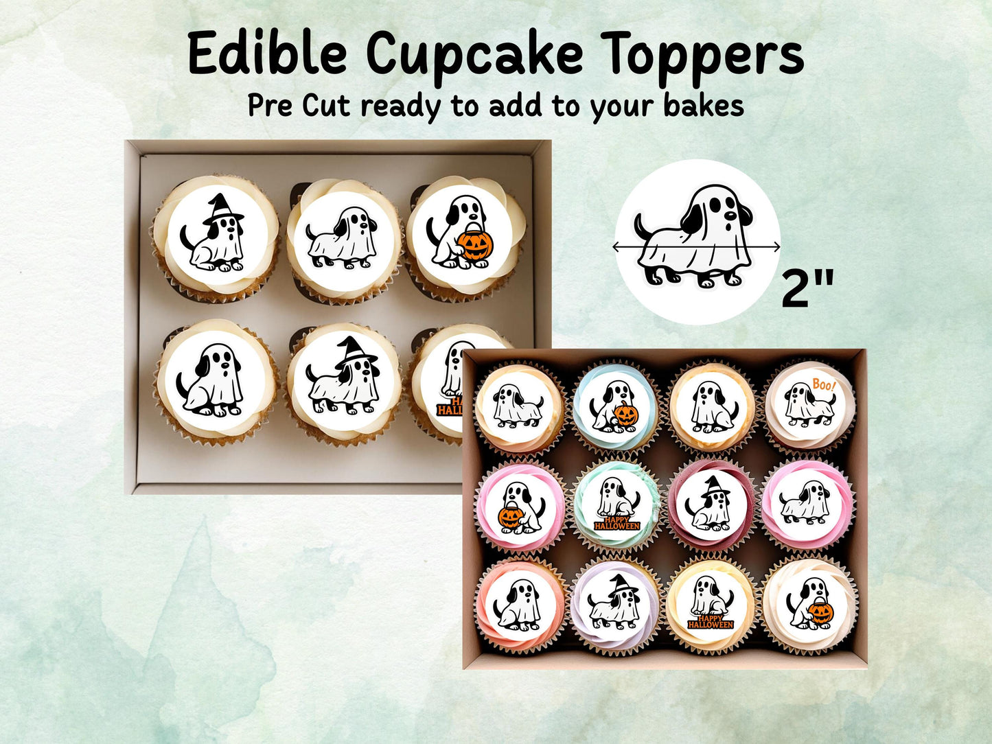 Ghost Dog Halloween Edible Cupcake Toppers 12 x 2" – Pre cut Wafer Paper, Card or Icing Sheet, Halloween Party Decoration