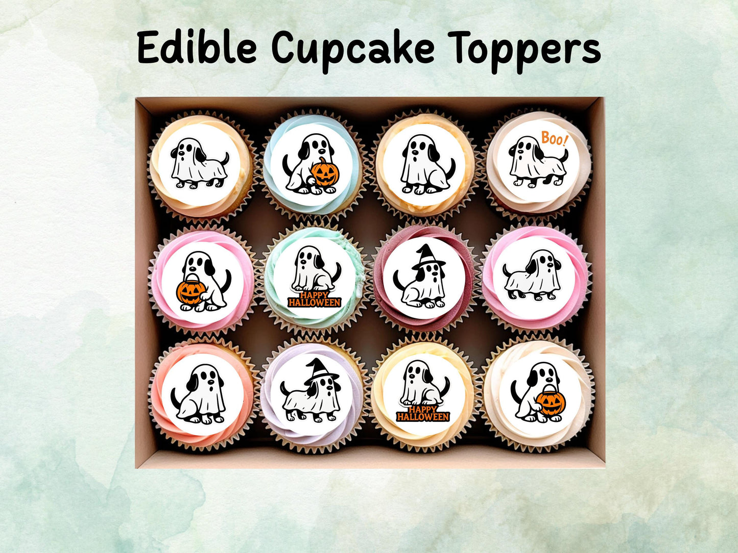 Ghost Dog Halloween Edible Cupcake Toppers 12 x 2" – Pre cut Wafer Paper, Card or Icing Sheet, Halloween Party Decoration