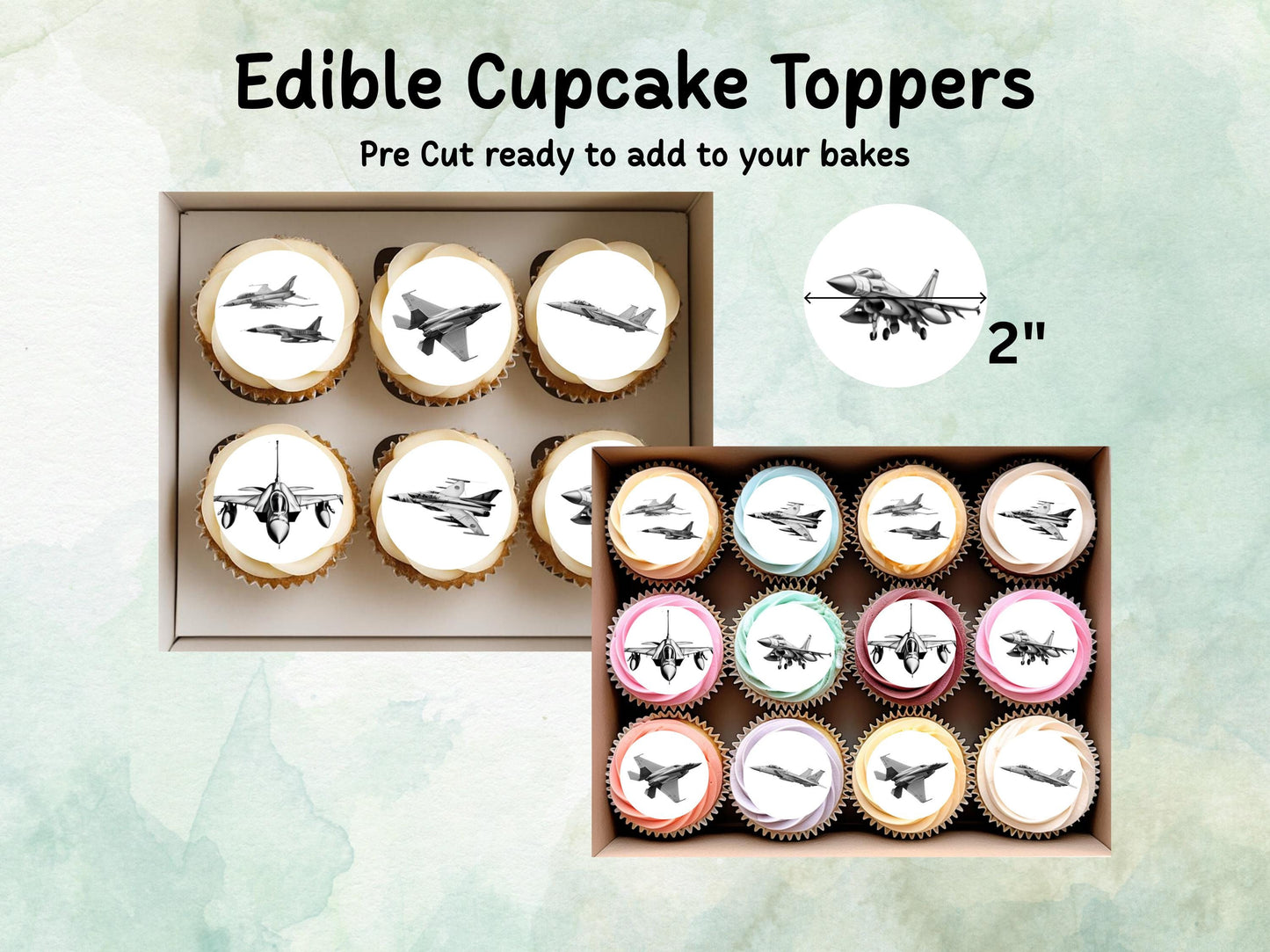 Jet Edible Cupcake Toppers 12 x 2"– Pre cut Wafer Paper, Card or Icing Sheet, Jet Airshow Cake and Cookie Decorations
