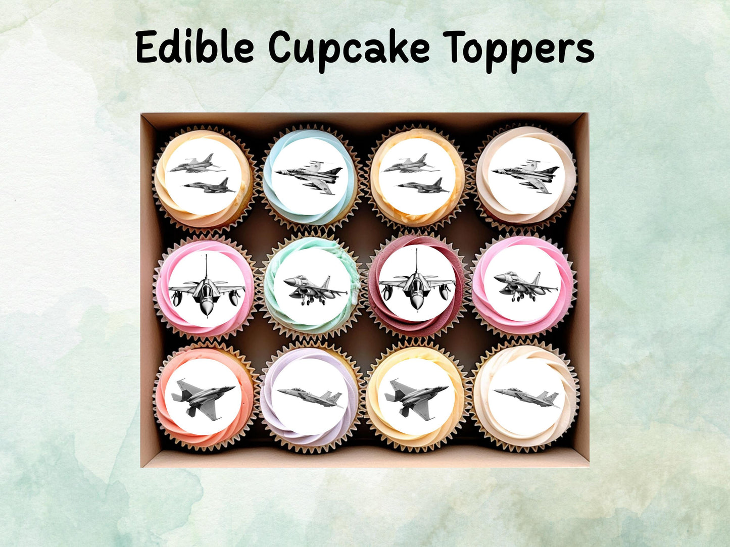 Jet Edible Cupcake Toppers 12 x 2"– Pre cut Wafer Paper, Card or Icing Sheet, Jet Airshow Cake and Cookie Decorations
