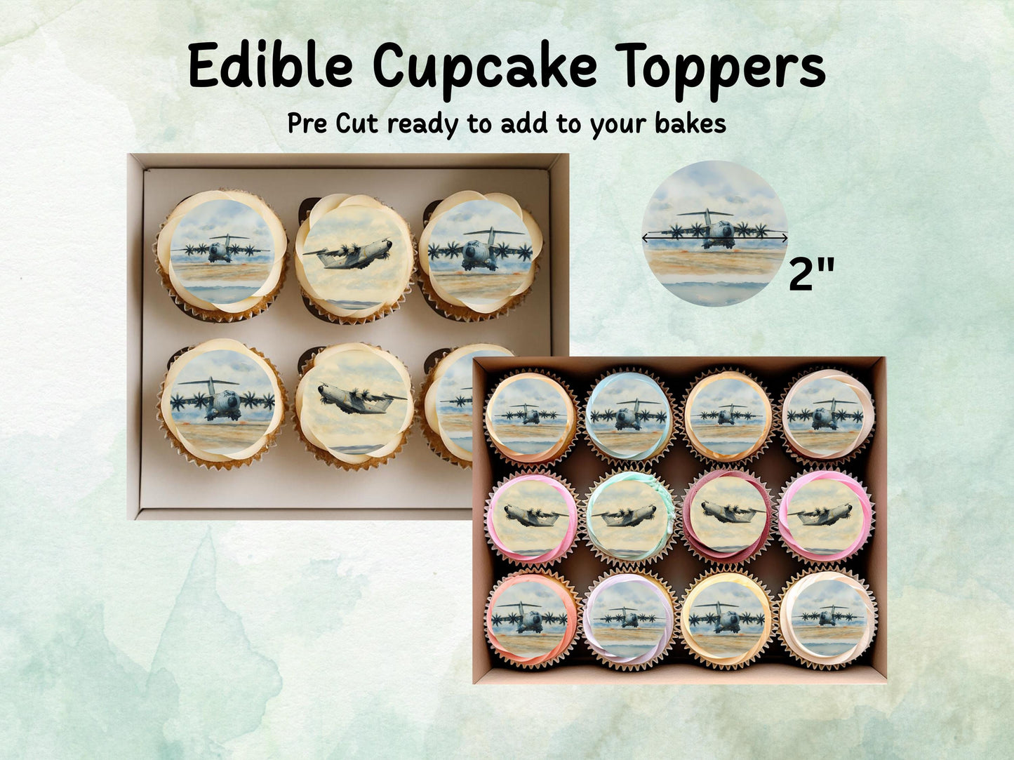 Military Aeroplane Edible Cupcake Toppers 12 x 2"– Pre cut Wafer Paper, Card or Icing Sheet, Airshow Cake and Cookie Decorations