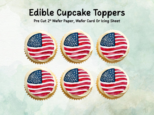 American Flag Style Edible Cupcake Toppers 12 x 2" – Pre cut Wafer Paper, Card or Icing Sheet, USA Cake Topper, 4th of July