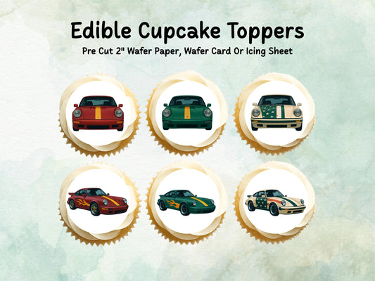 Retro Sports Car Edible Cupcake Toppers 12 x 2"– Precut Wafer Paper, Icing Sheet or Wafer Card – Racing Car Birthday Party Decor