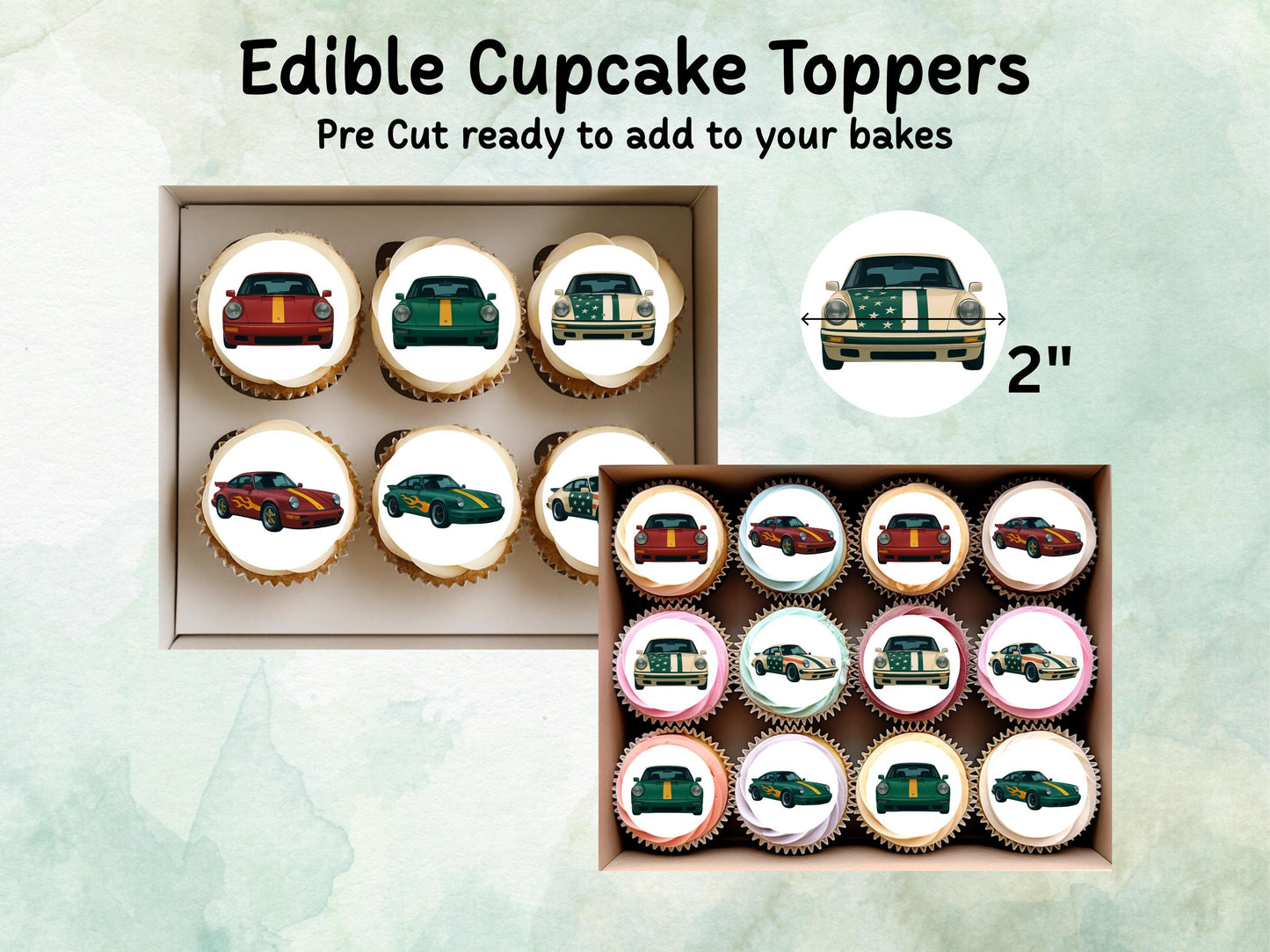 Retro Sports Car Edible Cupcake Toppers 12 x 2"– Precut Wafer Paper, Icing Sheet or Wafer Card – Racing Car Birthday Party Decor