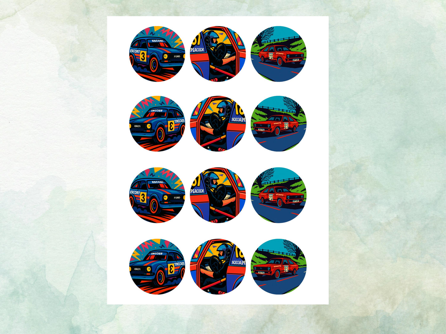 Vintage Rally Car Edible Cupcake Toppers 12 x 2" – Pre cut Wafer Paper, Card or Icing Sheet, Motorsport Birthday Party Decor