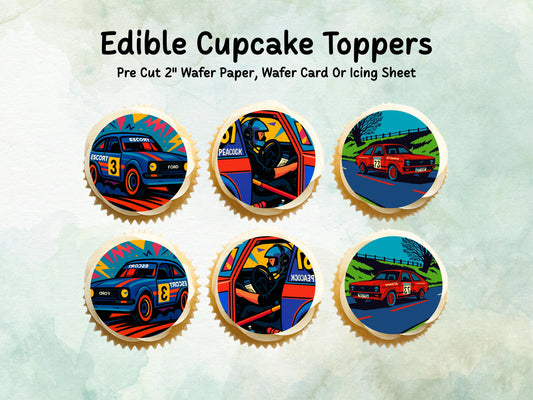 Vintage Rally Car Edible Cupcake Toppers 12 x 2" – Pre cut Wafer Paper, Card or Icing Sheet, Motorsport Birthday Party Decor