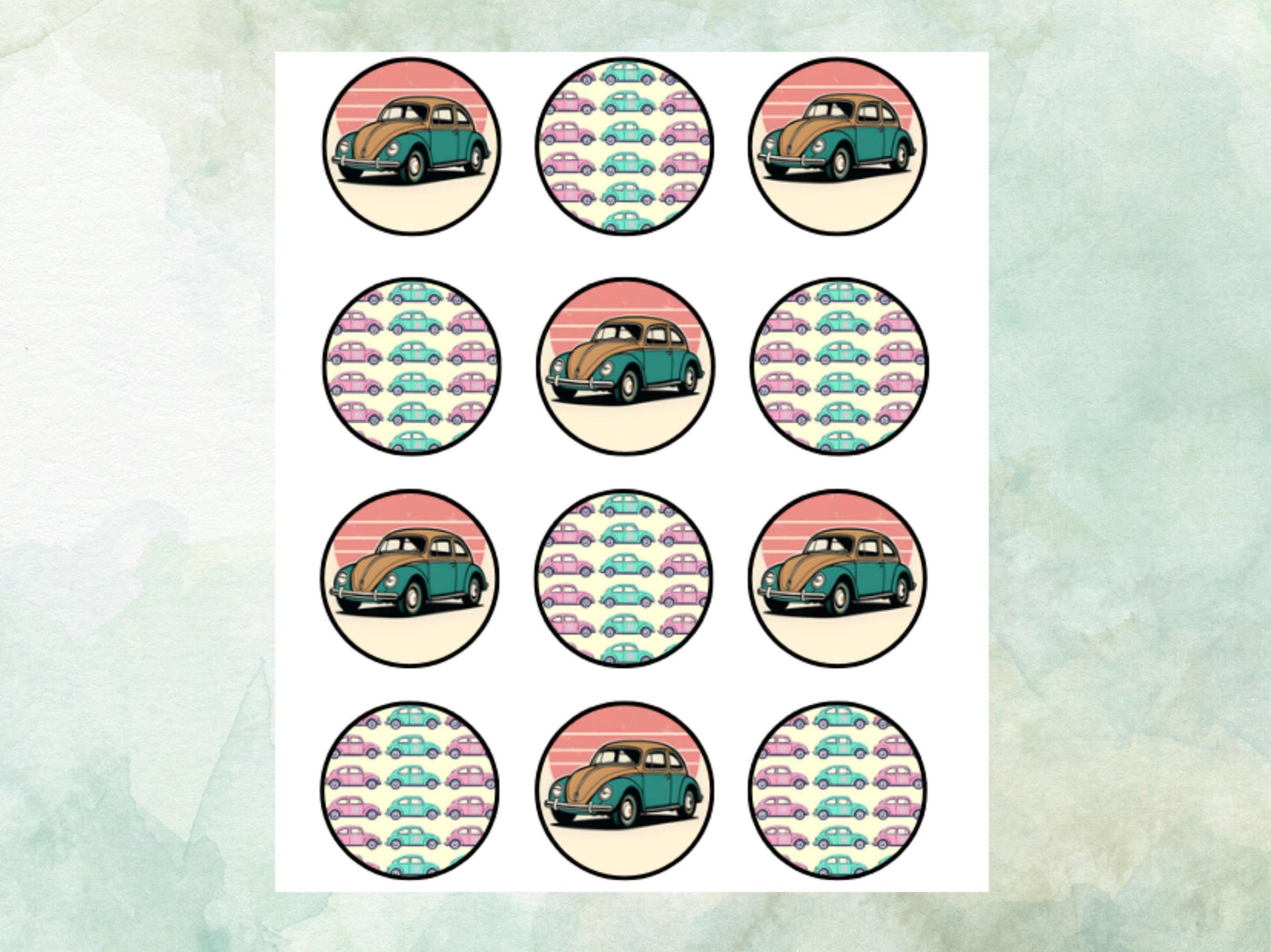 VW Beetle Edible Cupcake Toppers 12 x 2"– Pre cut Wafer Paper, Card or Icing Sheet, Beetle Cake Decoration