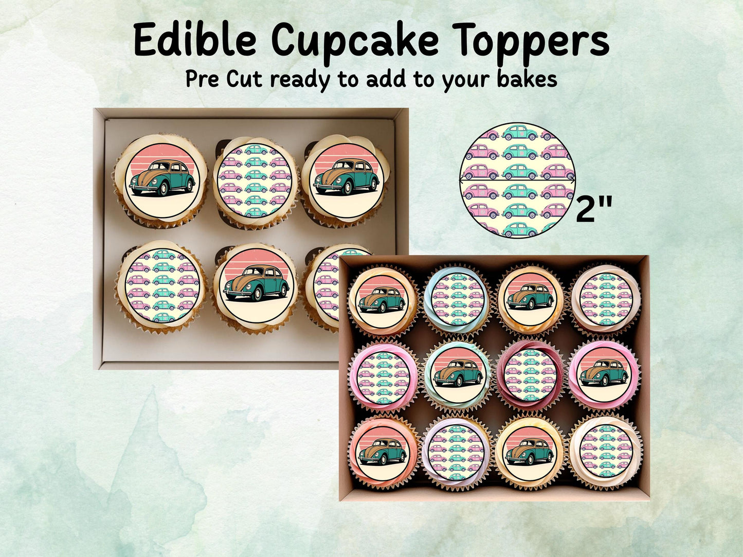 VW Beetle Edible Cupcake Toppers 12 x 2"– Pre cut Wafer Paper, Card or Icing Sheet, Beetle Cake Decoration