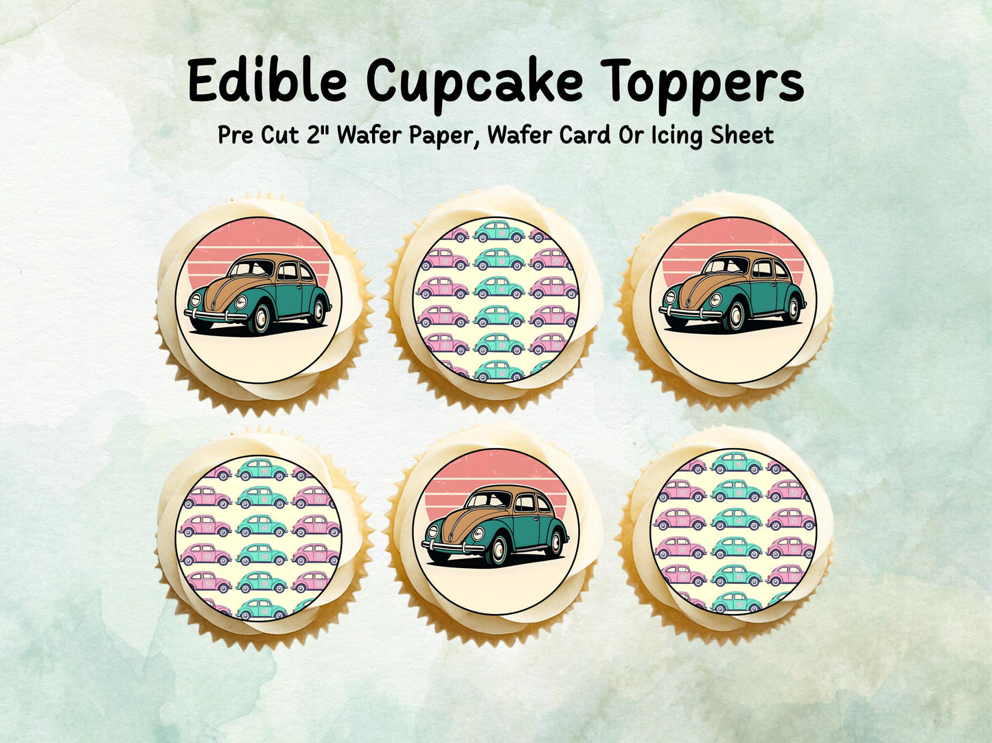 VW Beetle Edible Cupcake Toppers 12 x 2"– Pre cut Wafer Paper, Card or Icing Sheet, Beetle Cake Decoration