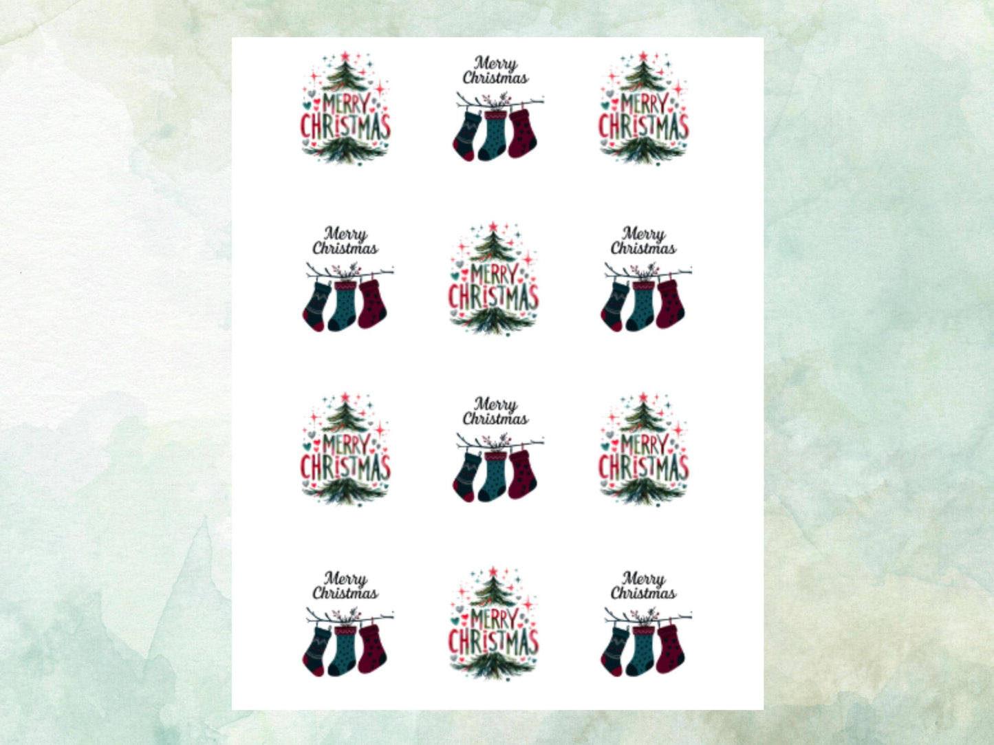 Christmas Edible Cupcake Toppers 12 x 2" – Pre cut Wafer Paper, Card or Icing Sheet, Merry Christmas Tree & Stocking Festive Cupcakes