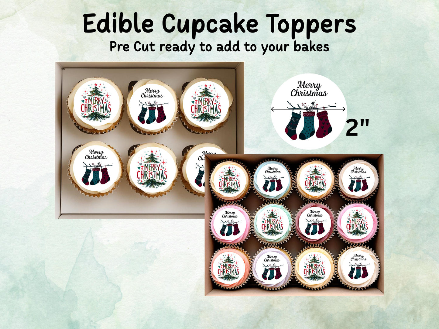 Christmas Edible Cupcake Toppers 12 x 2" – Pre cut Wafer Paper, Card or Icing Sheet, Merry Christmas Tree & Stocking Festive Cupcakes