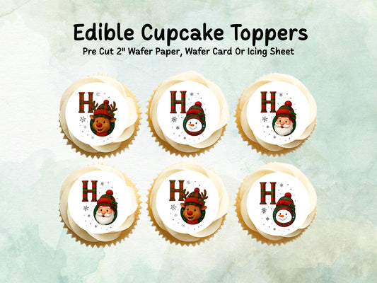 Christmas Character Edible Cupcake Toppers 12 x 2" – Pre cut Wafer Paper, Card or Icing Sheet, Santa, Reindeer & Snowman, Festive Party