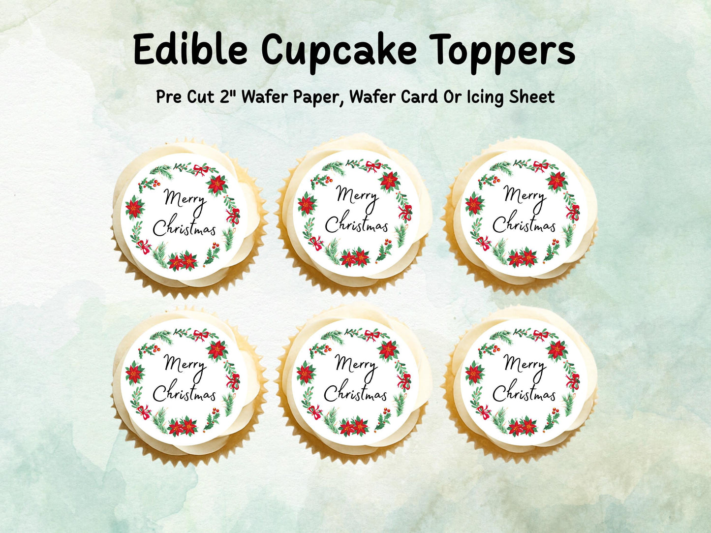 Christmas Edible Cupcake Toppers 12 x 2" – Pre cut Wafer Paper, Card or Icing Sheet, Merry Christmas Festive Cakes, Cookies