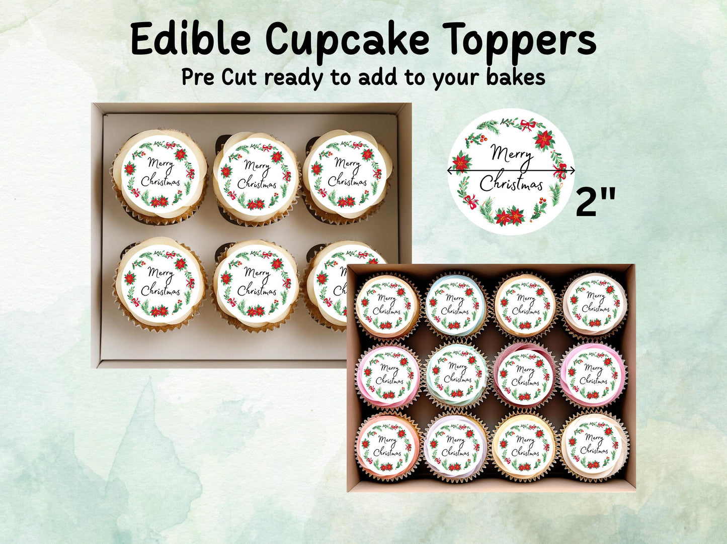 Christmas Edible Cupcake Toppers 12 x 2" – Pre cut Wafer Paper, Card or Icing Sheet, Merry Christmas Festive Cakes, Cookies