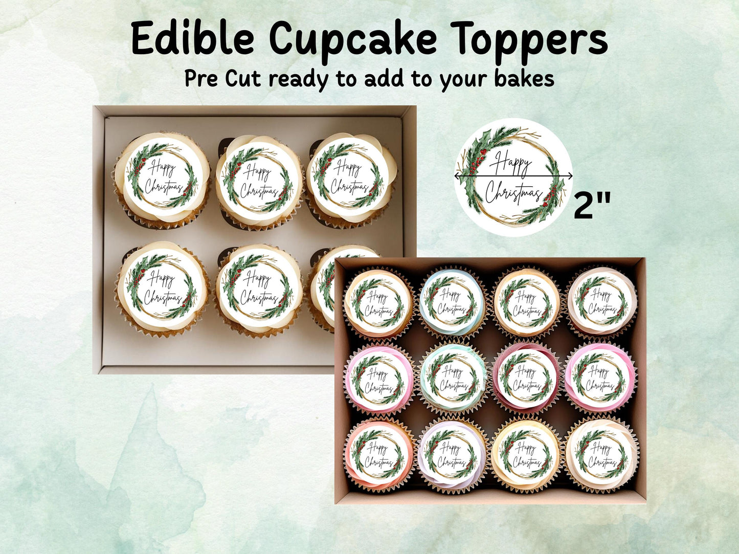 Christmas Edible Cupcake Toppers 12 x 2" – Pre cut Wafer Paper, Card or Icing Sheet, Happy Christmas Wreath Festive Cupcakes