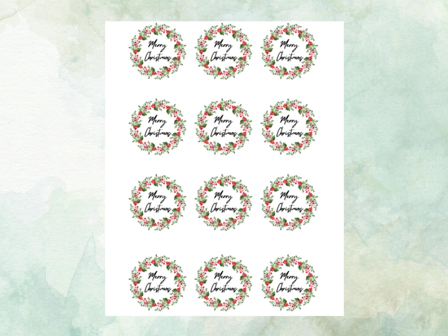 Christmas Edible Cupcake Toppers 12 x 2" – Pre cut Wafer Paper, Card or Icing Sheet, Merry Christmas Holly Wreath Festive Cupcakes