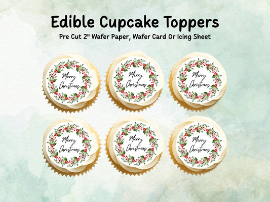 Christmas Edible Cupcake Toppers 12 x 2" – Pre cut Wafer Paper, Card or Icing Sheet, Merry Christmas Holly Wreath Festive Cupcakes