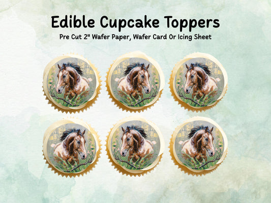 Horse Edible Cupcake Toppers 12 x 2"– Pre cut Wafer Paper, Card or Icing Sheet, Pony Birthday, Cupcakes, Cookies, Cake, Horse Decoration
