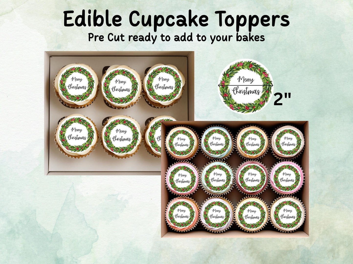 Christmas Edible Cupcake Toppers 12 x 2" – Pre cut Wafer Paper, Card or Icing Sheet, Merry Christmas Holly Wreath Festive Cupcakes