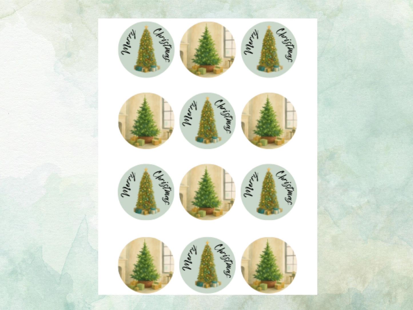 Christmas Edible Cupcake Toppers 12 x 2" – Pre cut Wafer Paper, Card or Icing Sheet, Merry Christmas Tree Festive Cupcakes