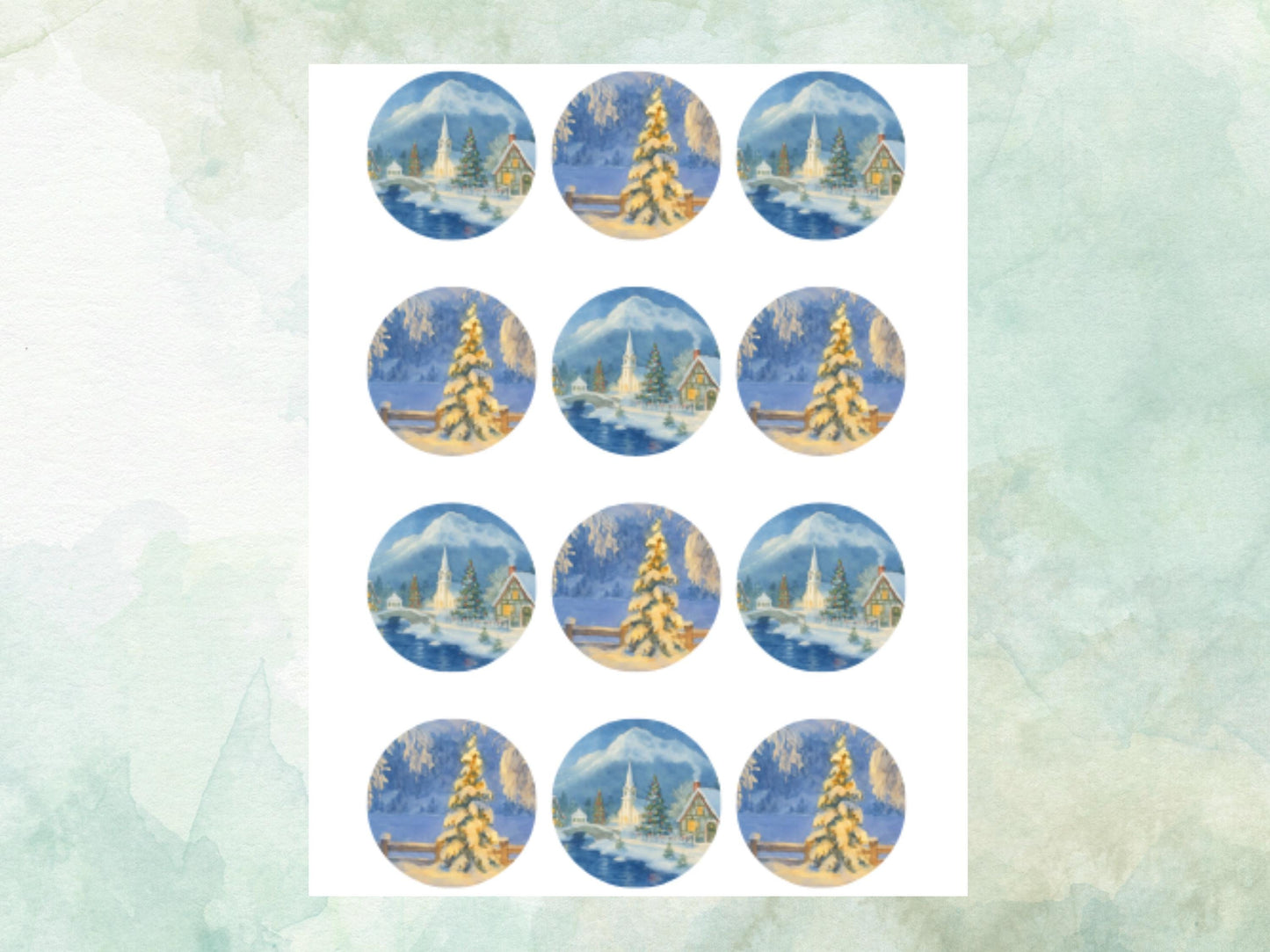 Vintage Christmas Village Edible Cupcake Toppers 12 x 2" – Pre cut Wafer Paper, Card or Icing Sheet, Festive Merry Christmas Snowy Scene