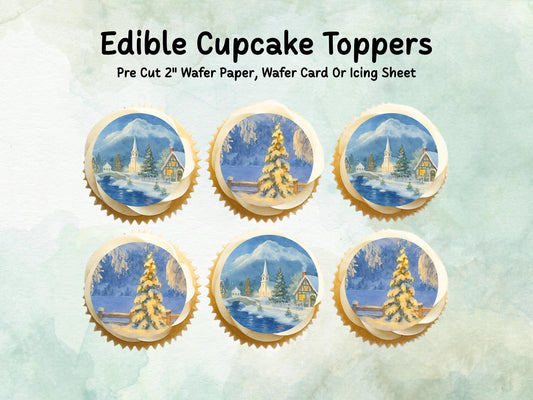 Vintage Christmas Village Edible Cupcake Toppers 12 x 2" – Pre cut Wafer Paper, Card or Icing Sheet, Festive Merry Christmas Snowy Scene