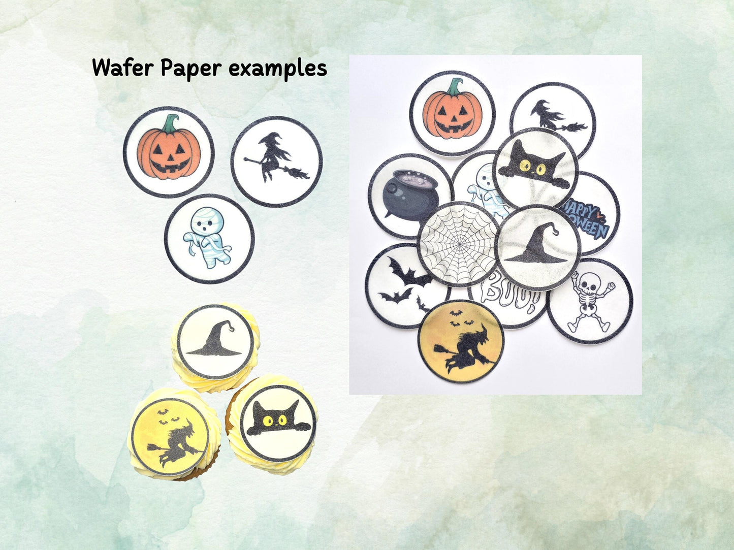 Halloween Edible Cupcake Toppers 12 x 2" – Pre cut Wafer Paper, Card or Icing Sheet, Witch, Pumpkin, Skeleton & BOO! Design Spooky Cakes
