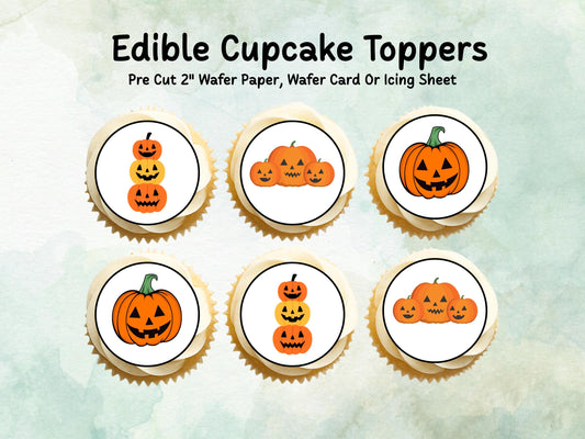 Halloween Edible Cupcake Toppers 12 x 2" – Pre cut Wafer Paper, Card or Icing Sheet, Pumpkin Party Cake Decorations
