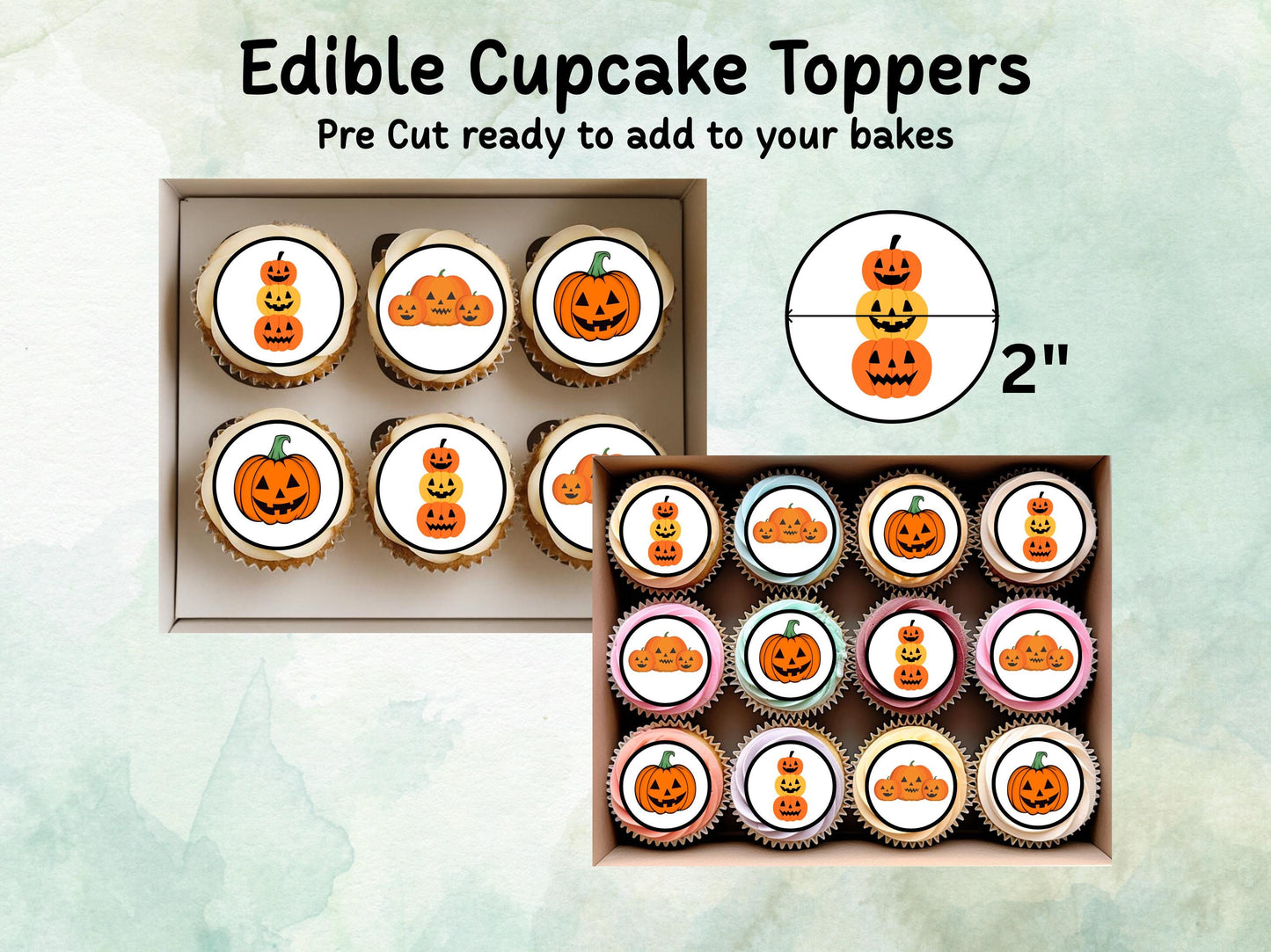 Halloween Edible Cupcake Toppers 12 x 2" – Pre cut Wafer Paper, Card or Icing Sheet, Pumpkin Party Cake Decorations