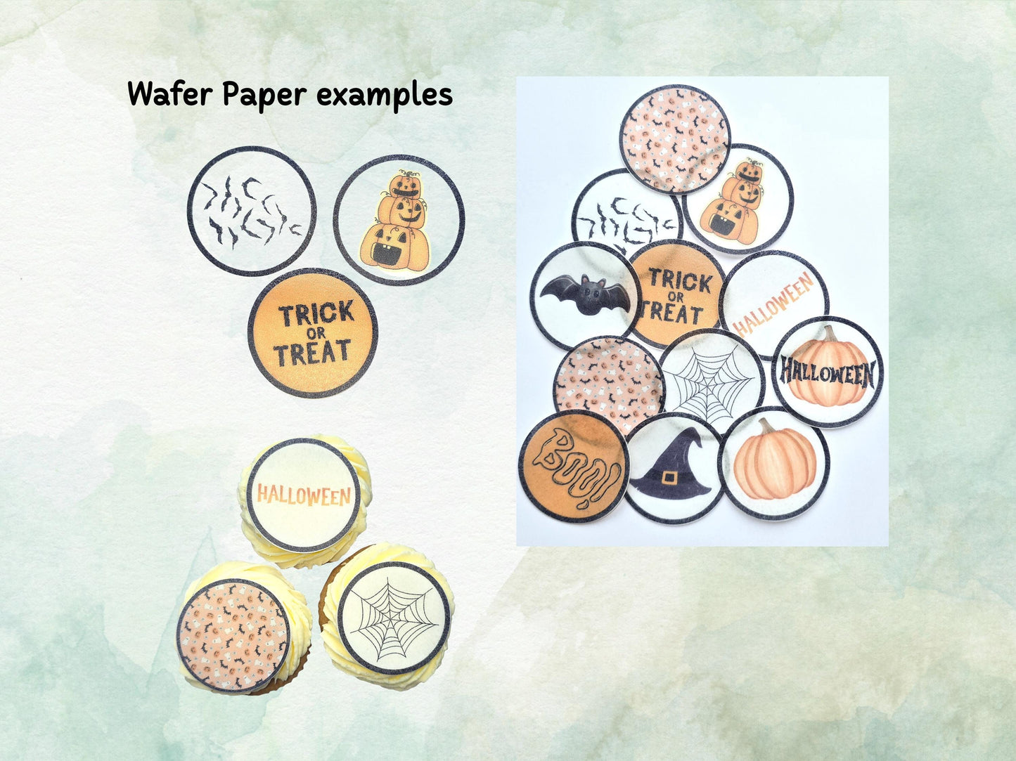 Halloween Edible Cupcake Toppers 12 x 2" – Pre cut Wafer Paper, Card or Icing Sheet, Witch, Pumpkin, Bat & BOO! Design Spooky Cakes