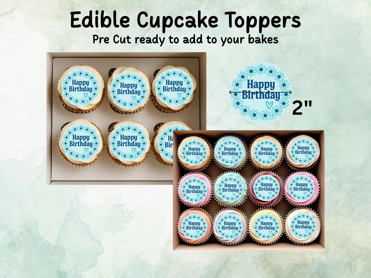 Happy Birthday Edible Cupcake Toppers 12 x 2"– Pre cut Wafer Paper, Card or Icing Sheet, Blue Floral Circle Cupcake Decoration