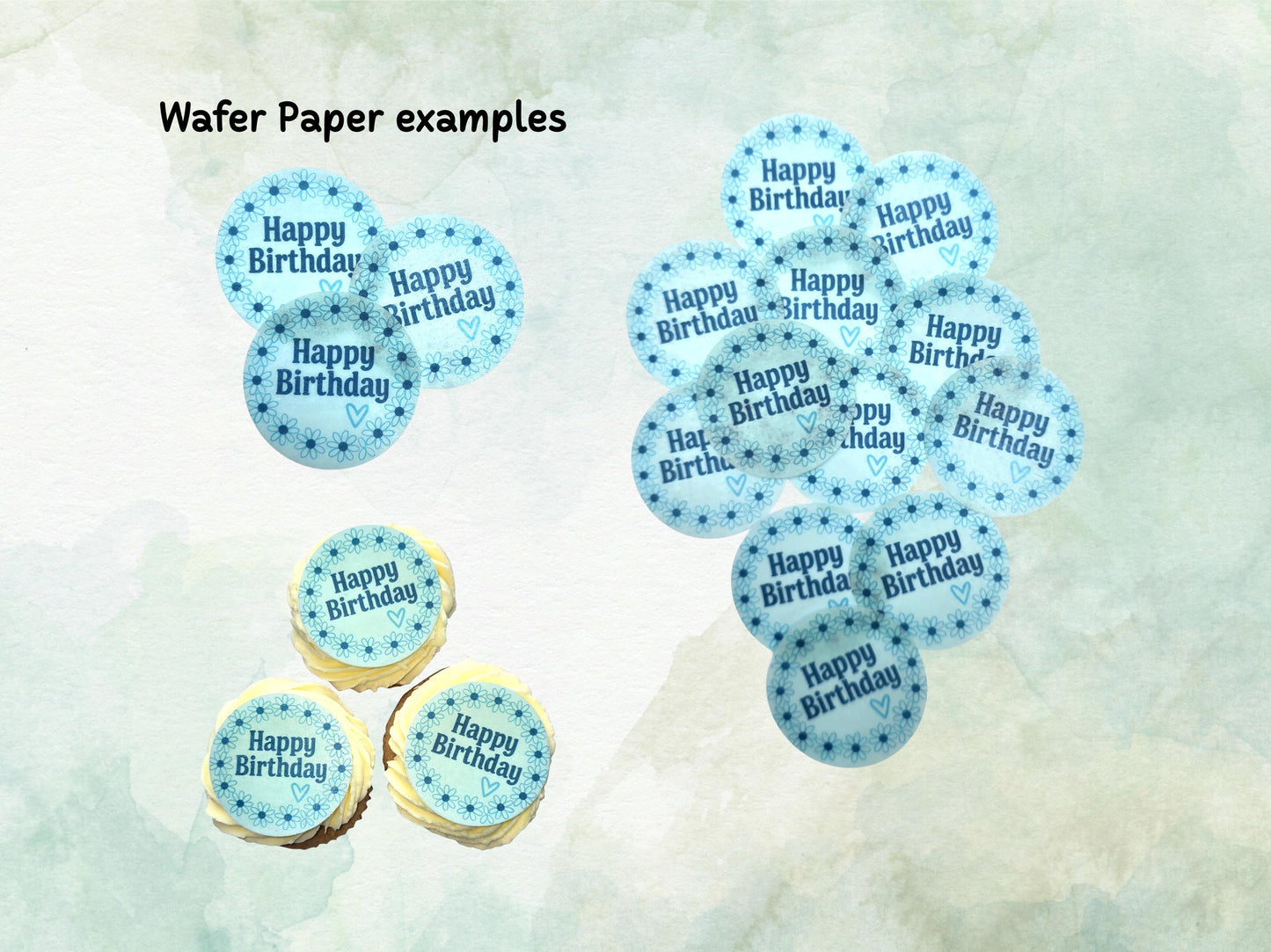 Happy Birthday Edible Cupcake Toppers 12 x 2"– Pre cut Wafer Paper, Card or Icing Sheet, Blue Floral Circle Cupcake Decoration