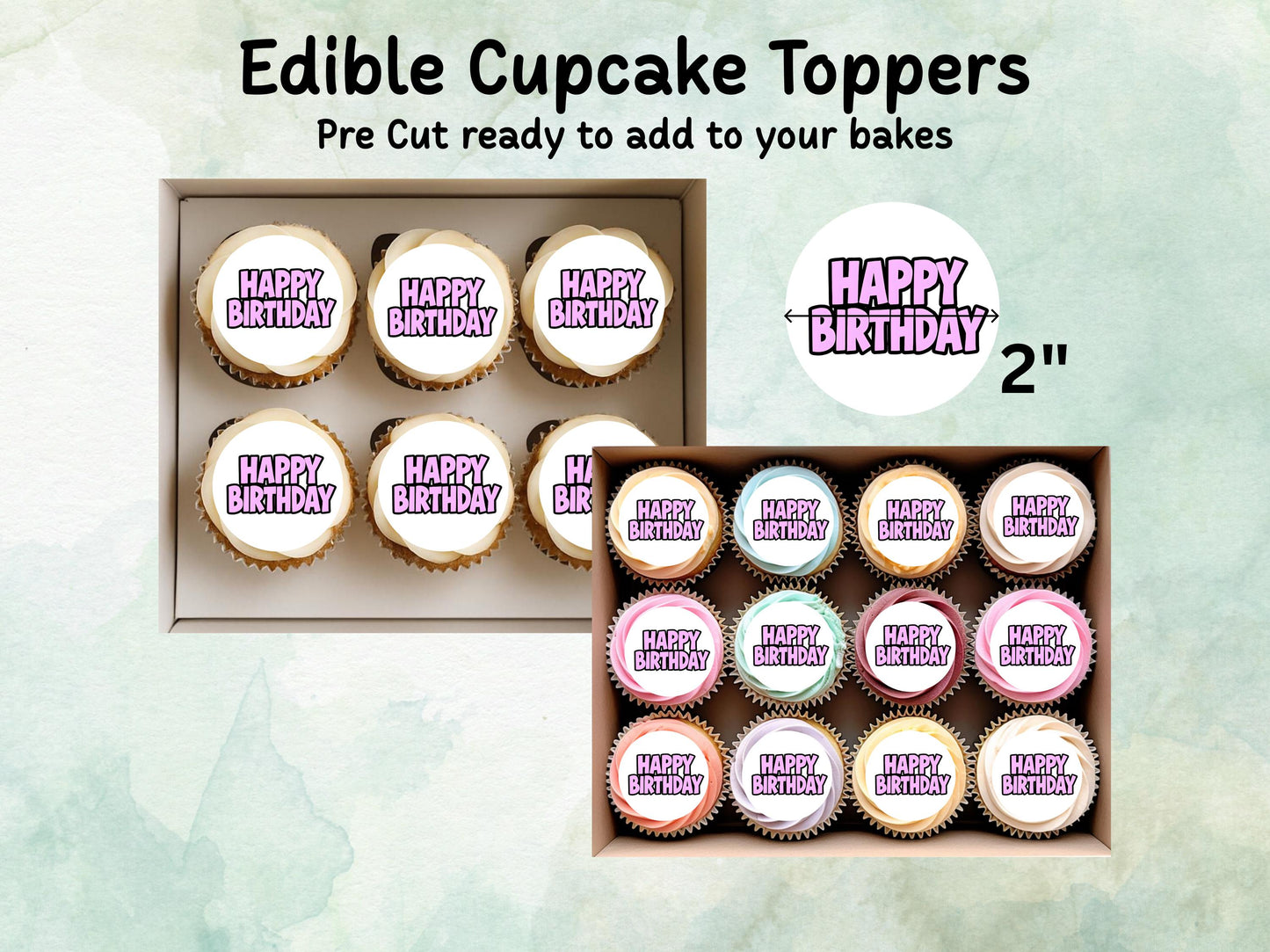 Happy Birthday Edible Cupcake Toppers 12 x 2"– Pre cut Wafer Paper, Card or Icing Sheet, Bold Pink Lettering Birthday Cupcake