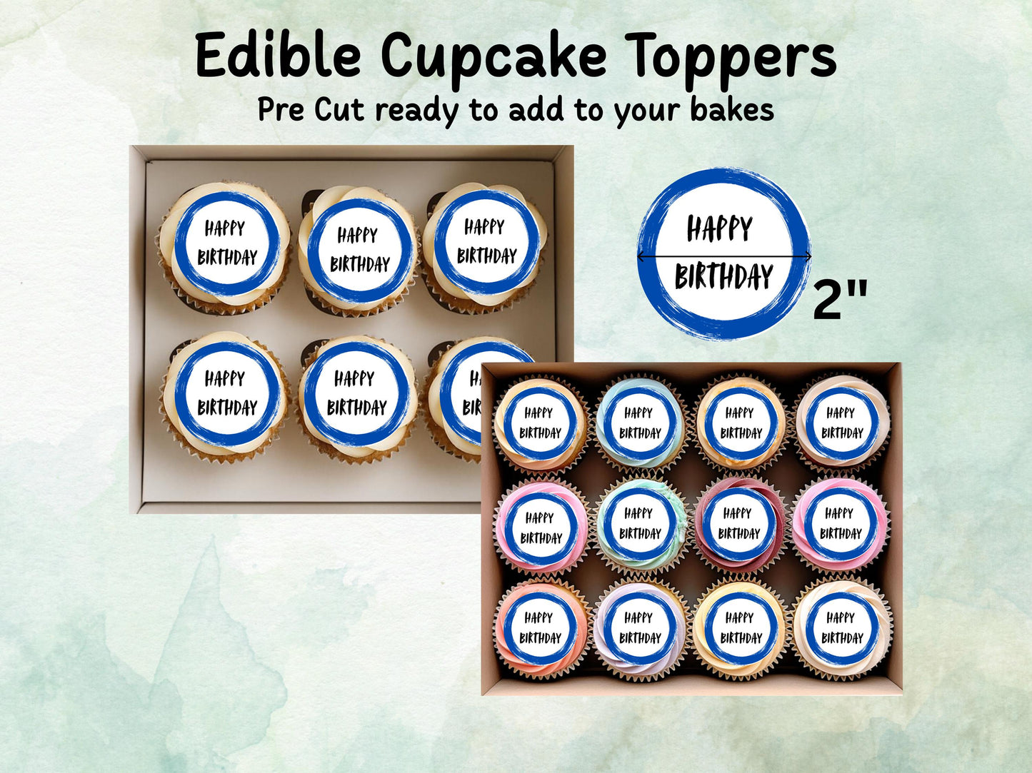 Happy Birthday Edible Cupcake Toppers 12 x 2"– Pre cut Wafer Paper, Card or Icing Sheet, Blue Circle Design Birthday Cake Toppers