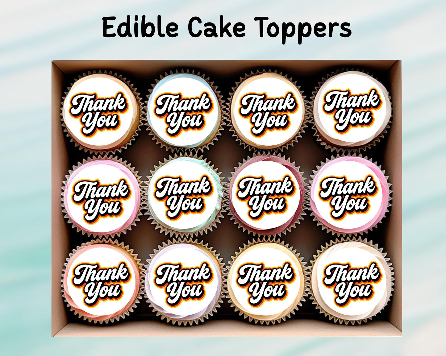 Thank You Edible Cupcake Toppers 12 x 2"– Pre cut Wafer Paper, Card or Icing Sheet, Cookies, Cake