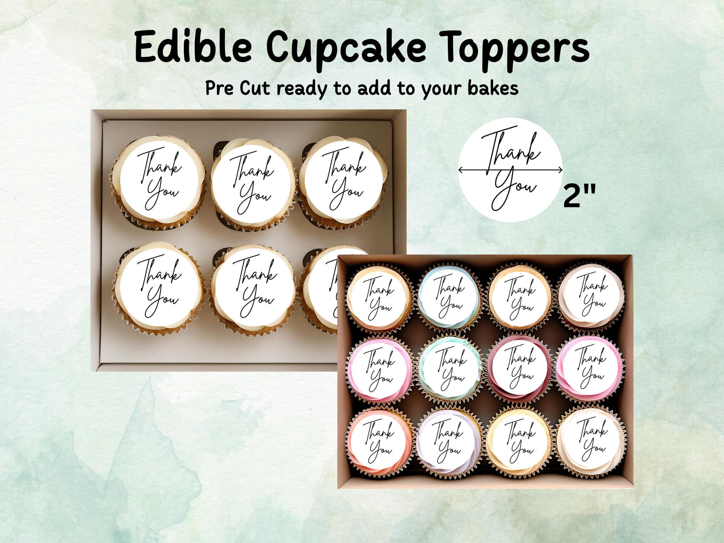 Thank You Edible Cupcake Toppers 12 x 2"– Pre cut Wafer Paper, Card or Icing Sheet, Elegant Thank You Cake Decoration