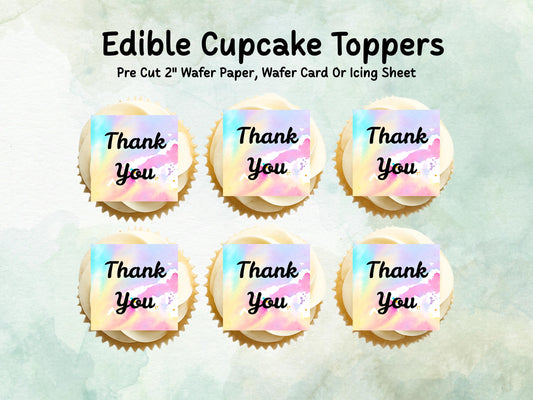 Thank You Edible Cupcake Toppers 12 x 2"– Pre cut Wafer Paper, Card or Icing Sheet, Rainbow Thank You Cake Decoration