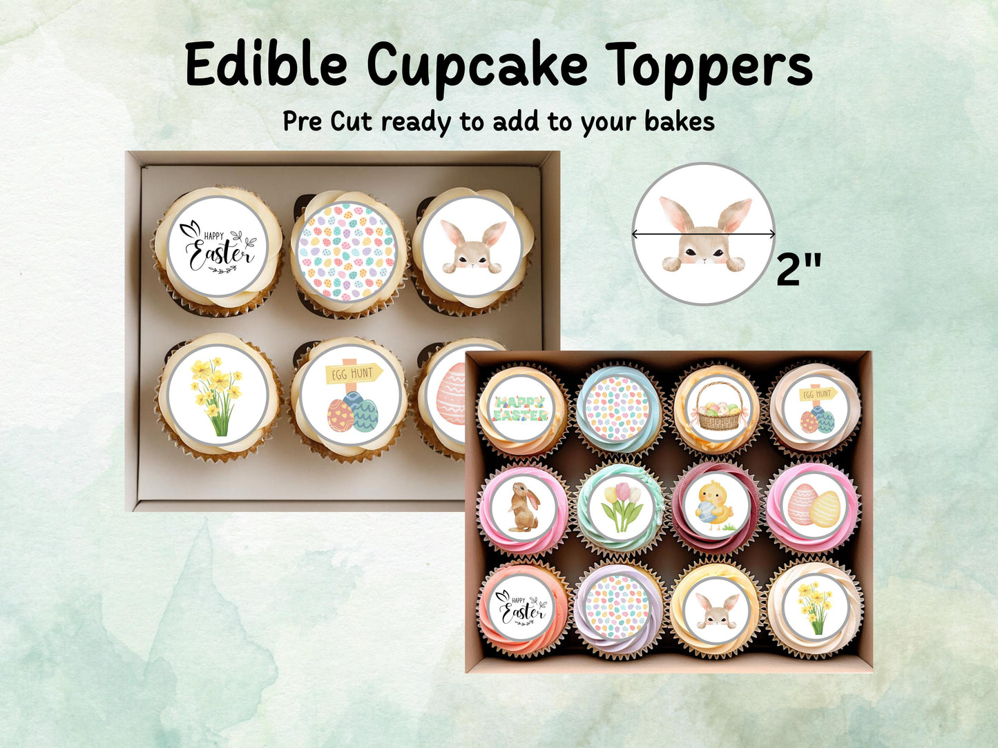 Easter Edible Cupcake Toppers 12 x 2" – Pre cut Wafer Paper, Card or Icing Sheet, Bunny, Chick & Egg Design Cakes