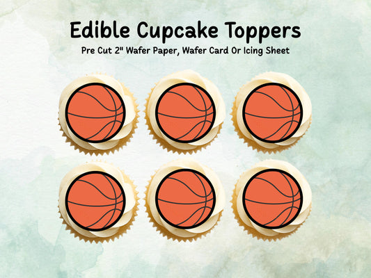 Basketball Edible Cupcake Toppers 12 x 2" – Pre cut Wafer Paper, Card or Icing Sheet, Sports Party Decoration, Cake images