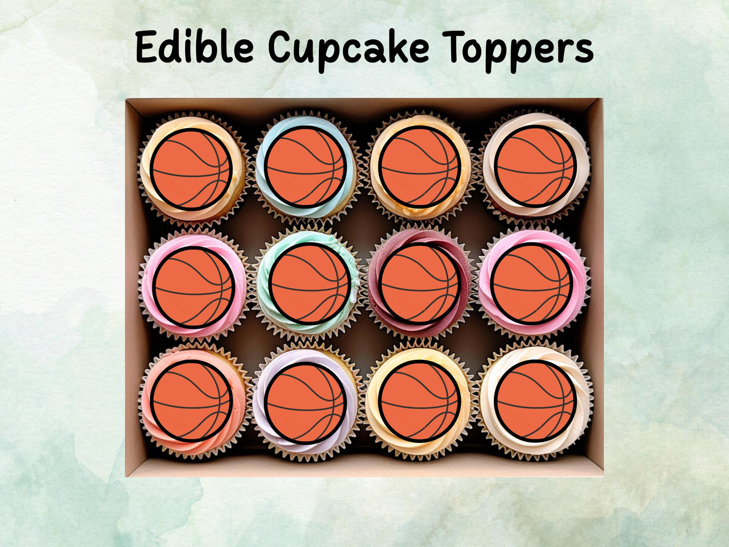 Basketball Edible Cupcake Toppers 12 x 2" – Pre cut Wafer Paper, Card or Icing Sheet, Sports Party Decoration, Cake images