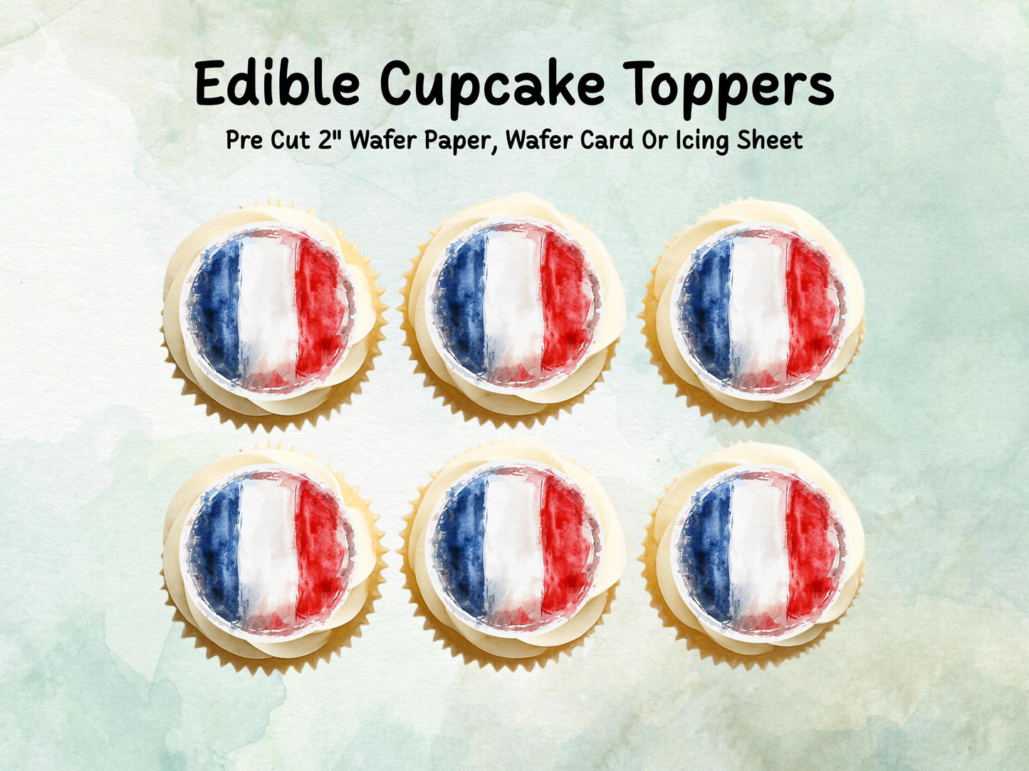 French Flag Edible Cupcake Toppers 12 x 2" – Pre cut Wafer Paper, Card or Icing Sheet, France Cake Decorations
