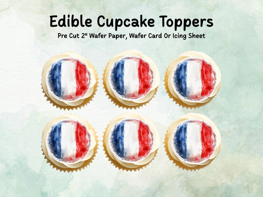 French Flag Edible Cupcake Toppers 12 x 2" – Pre cut Wafer Paper, Card or Icing Sheet, France Cake Decorations