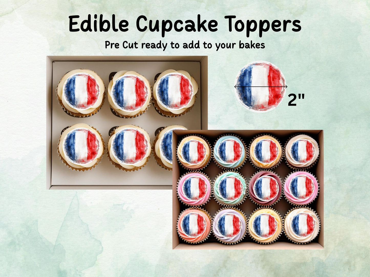French Flag Edible Cupcake Toppers 12 x 2" – Pre cut Wafer Paper, Card or Icing Sheet, France Cake Decorations