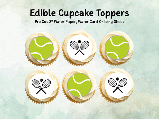 Tennis Edible Cupcake Toppers 12 x 2" – Pre cut Wafer Paper, Card or Icing Sheet, Sports Party Decoration, Cake images