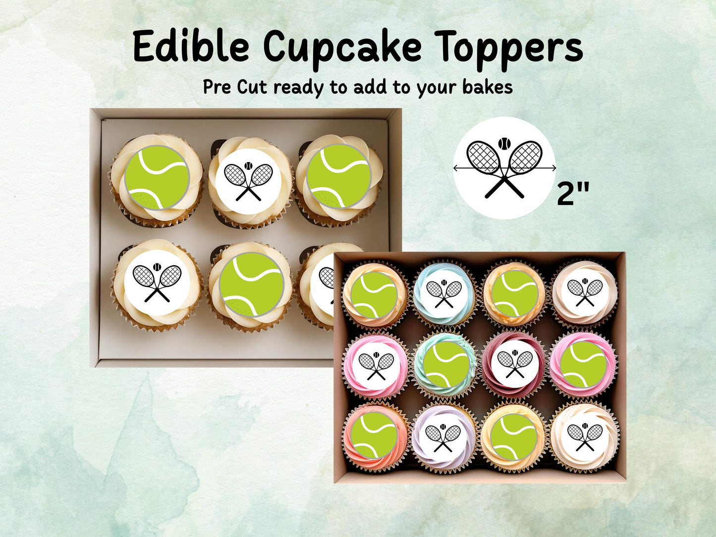 Tennis Edible Cupcake Toppers 12 x 2" – Pre cut Wafer Paper, Card or Icing Sheet, Sports Party Decoration, Cake images